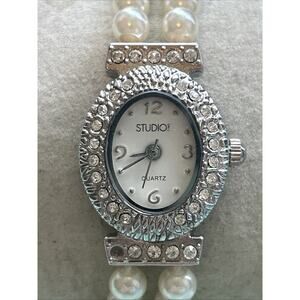 Studio Time Silver Tone White Bead Band Women’s Quartz Watch
